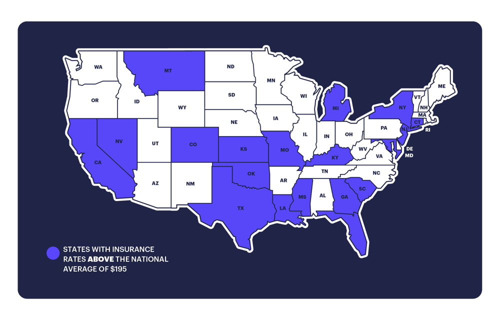 Map of states with insurance rates above the national average of $195