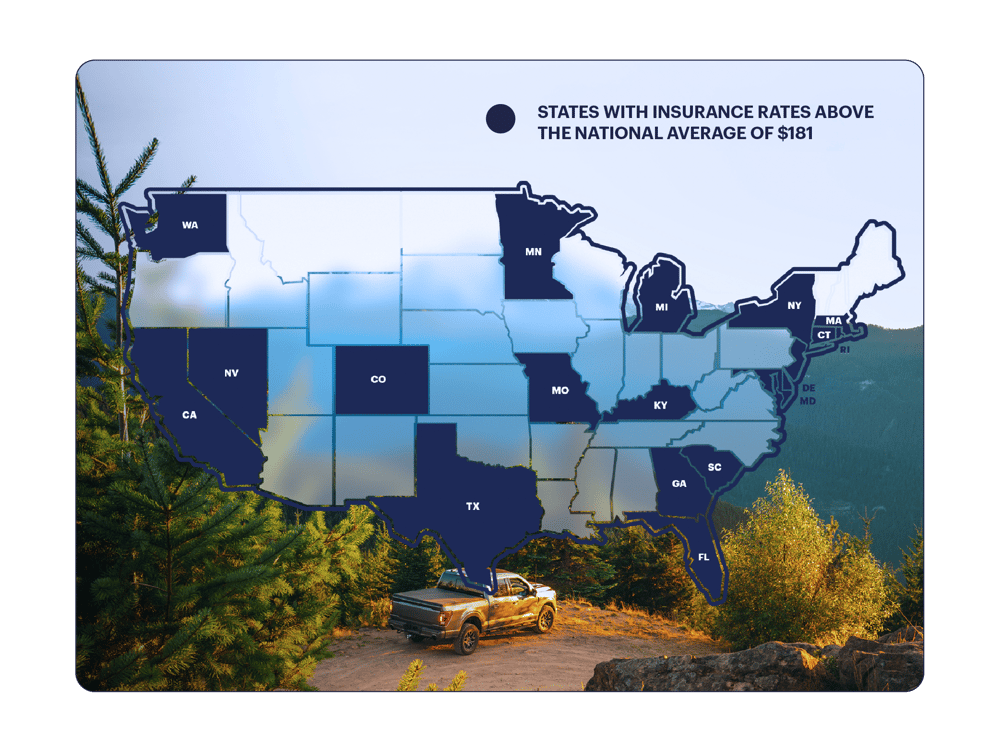 Map of states with insurance rates above the national average of $181